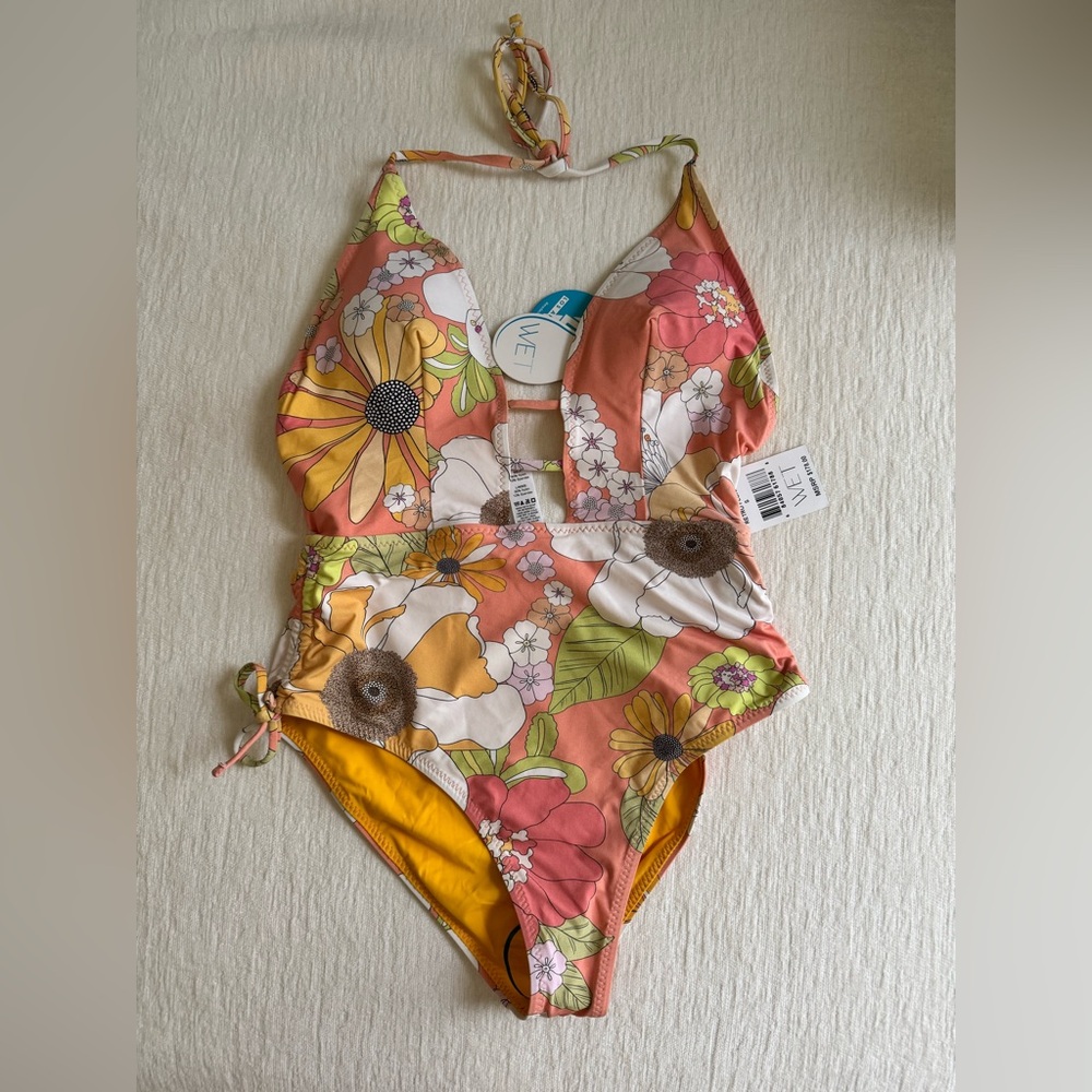 WET One Piece Swimsuit with Retro Floral Design Size S NWT